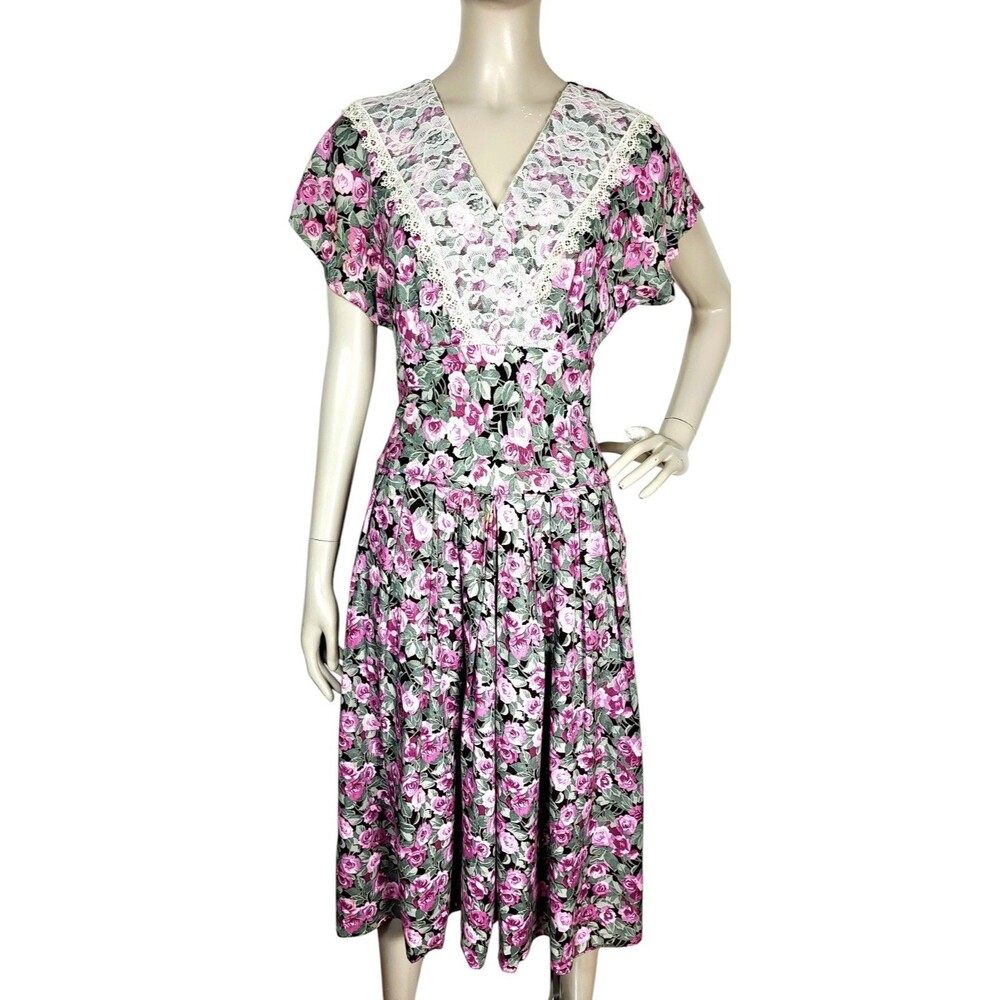 Vintage 80s Jamie Romantic Femme Floral Lace Cottagecore Tradwife Midi Dress S/M